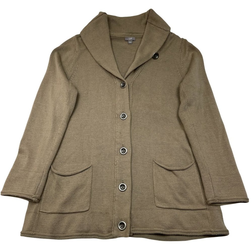 J Jill Chunky Angora Blend Shawl Button Cardigan Size L Tan Pockets Thick